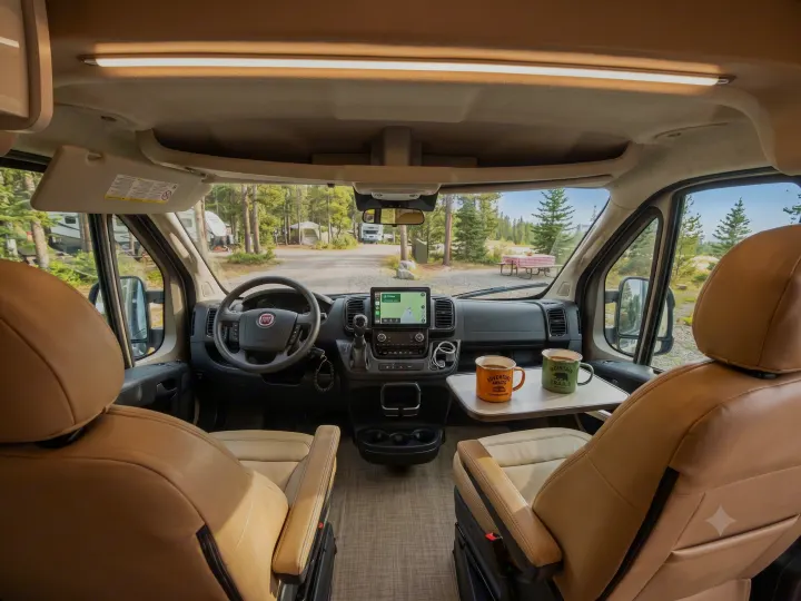 Cozy rv rental interior with dashboard, navigation, and coffee mugs on a table, overlooking a scenic campsite.. Thor Tellaro 2024
