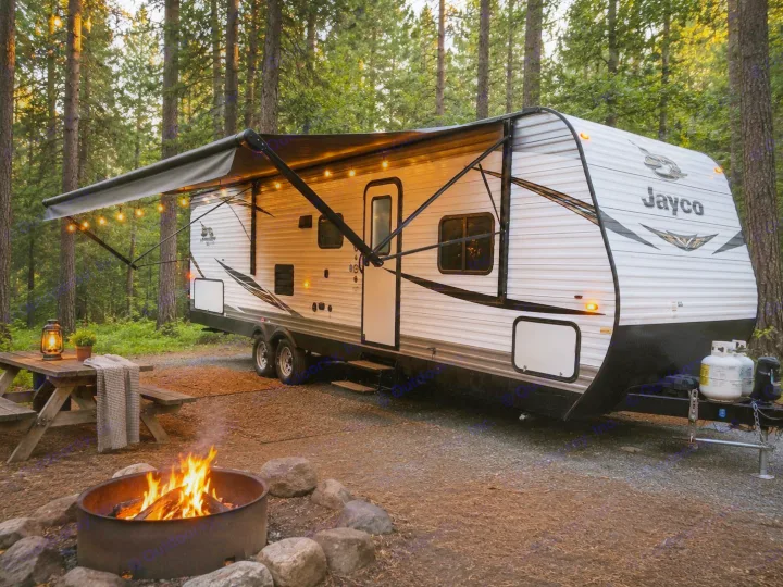 Cozy RV rental campsite in the forest at dusk. Features a Jayco travel trailer with string lights, campfire, and picnic table.. Jayco Jay Flight SLX 2019