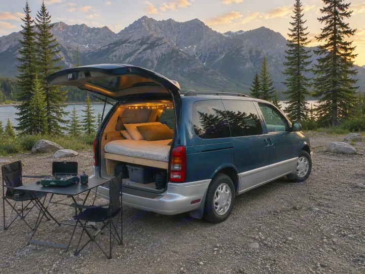 Scenic rv rental: a cozy minivan camper with bed & outdoor kitchen by a lake and mountains at sunset.. Mercury Villager 1997