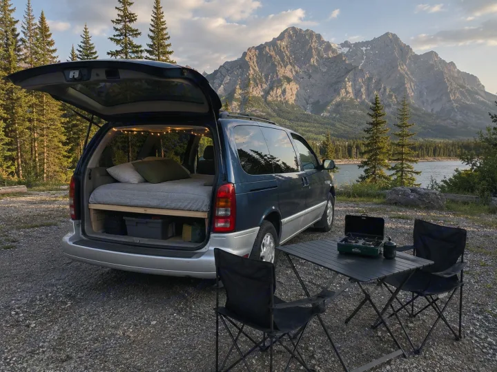 An RV rental alternative: a minivan camper with a bed, outdoor kitchen, and chairs, set against a stunning mountain lake.. Mercury Villager 1997