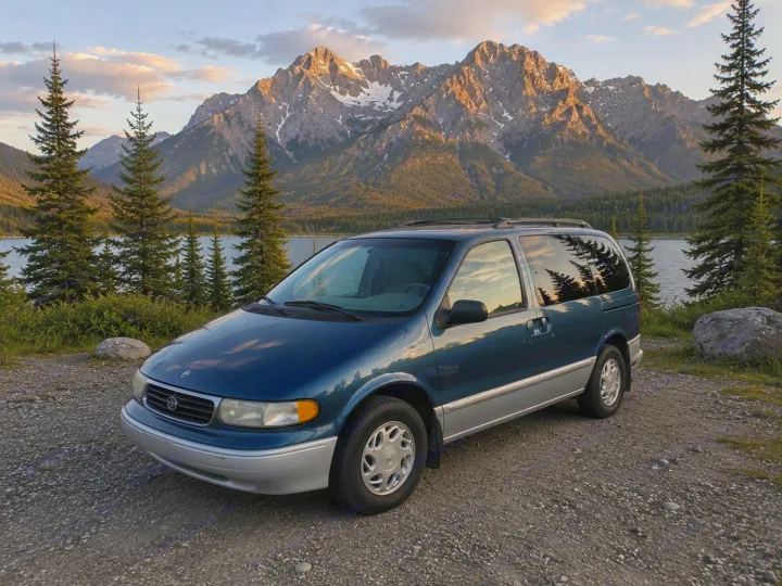 Blue minivan by a tranquil lake and rugged mountains at dusk. Your perfect RV rental for a scenic road trip adventure!. Mercury Villager 1997