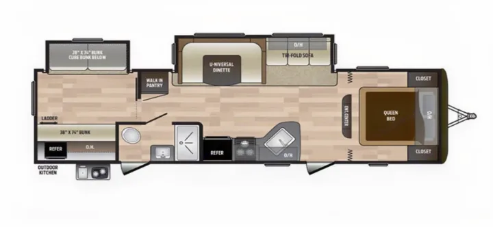 Detailed RV rental floor plan shows queen bed, bunks, U-dinette, tri-fold sofa, kitchen, bath, walk-in pantry, and outdoor kitchen.. Keystone RV Hideout Luxury 2018