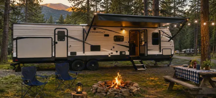 Your RV rental getaway: A travel trailer parked in a forest campsite, complete with a cozy campfire, chairs, and a picnic table.. Keystone RV Hideout Luxury 2018