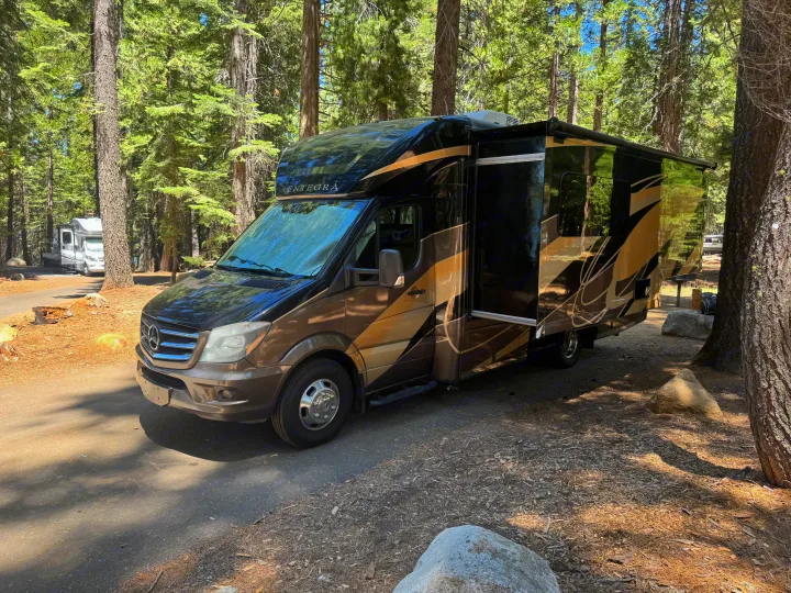 An Entegra rv rental, a brown and black motorhome, is parked at a forest campsite among tall pine trees. Another RV is in the background.. Entegra Coach Qwest 2018