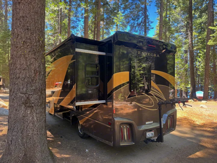 Large black Entegra rv rental with gold accents, slide-outs extended, parked in a sunny forest campsite with a bike rack on back.. Entegra Coach Qwest 2018