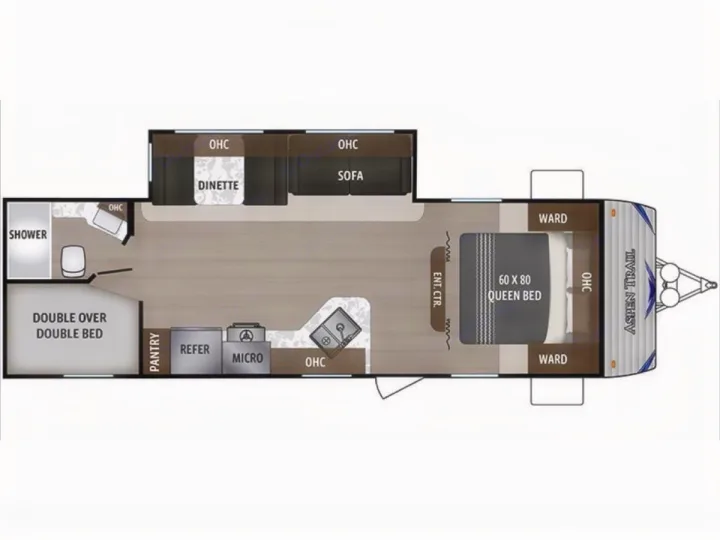 Aspen Trail rv rental floor plan. Features queen bed, bunk beds, kitchen, dinette, sofa, and full bath in this travel trailer.. Dutchmen Aspen Trail LE 26BH 2022