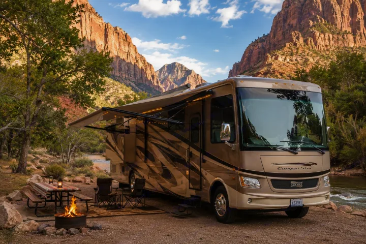 This inviting RV rental campsite features a Newmar motorhome by a scenic river, mountains, and a cozy campfire under a blue sky.. Newmar Canyon Star 2016