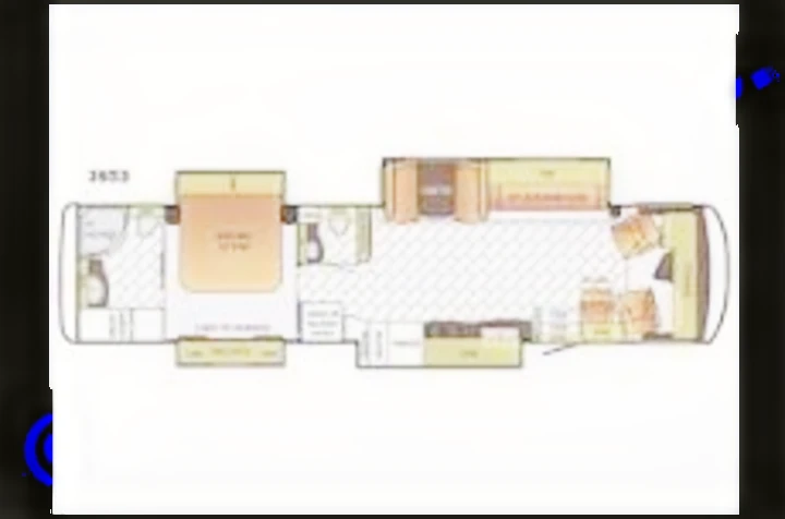 RV rental: Top-down floor plan of a large motorhome, showing living, kitchen, two bathrooms, and a spacious rear bedroom.. Newmar Canyon Star 2016