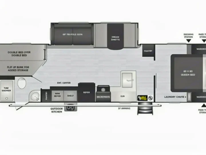 Detailed RV rental floorplan: Queen bed, bunkhouse, full kitchen, bathroom, and outdoor kitchen for your travels.. Keystone RV Bullet Ultra Lite 2021
