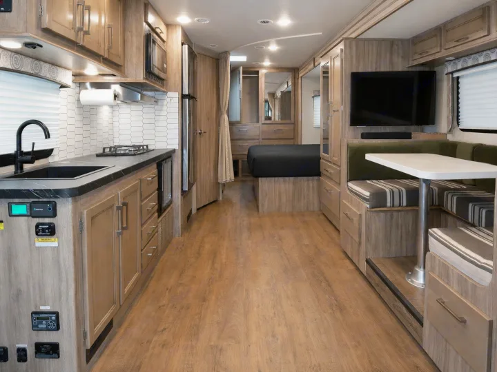 Modern rv rental interior: full kitchen, dinette, and cozy bed. Comfortable living space for your adventure.. Entegra Coach Odyssey 2020
