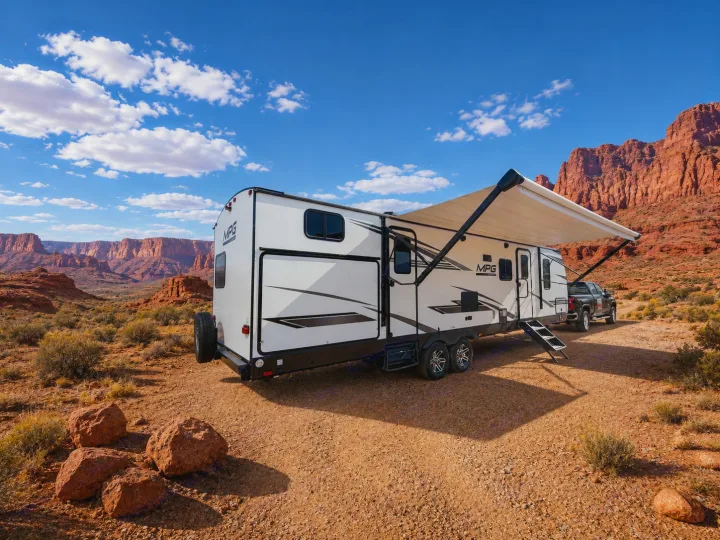 RV rental: White travel trailer & truck set up in a red rock desert. Extended awning, blue sky, ready for outdoor camping.. Cruiser RV MPG Ultra Lite 2021