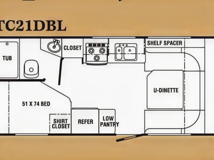 RV rental TC21DBL floor plan: Features a 51x74 bed, tub, toilet, kitchen with stove, sink, refer, pantry, and U-dinette.. R-Vision Trail-Lite Trail-Cruiser 2007