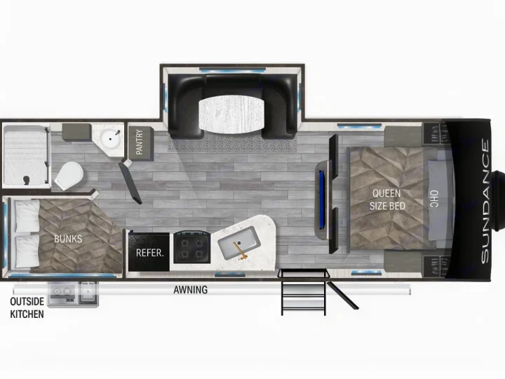 Detailed RV rental floor plan: queen bed, bunks, full kitchen, bath, dinette, and outdoor amenities. Great for family trips.. Heartland RVs Sundance Ultra Lite 2022