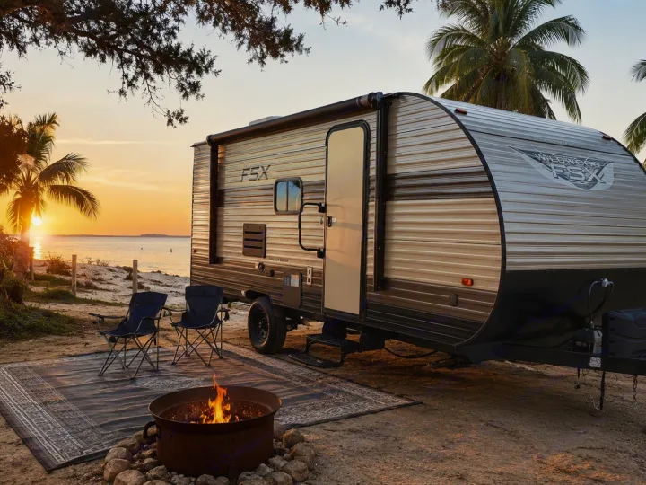 Experience the perfect RV rental vacation! This travel trailer is set up for beach camping with a fire pit at sunset.. Forest River Wildwood FSX 2019
