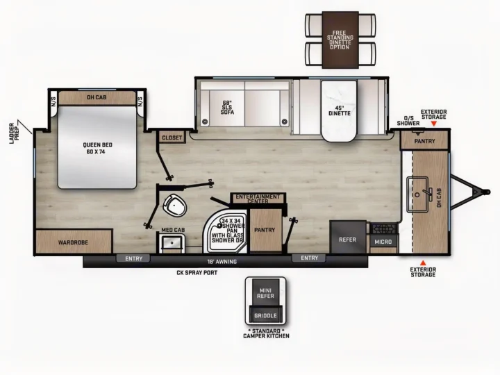 RV rental floor plan: Detailed interior layout showing queen bed, dinette, kitchen, bath, and exterior features for comfortable travel.. Forest River 26FKDS 2025