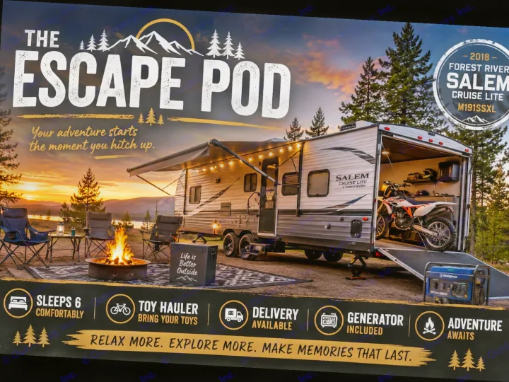 Escape Pod RV rental: A Salem Cruise Lite toy hauler camper ready for adventure, with a motorcycle, fire pit, and seating. Sleeps 6.. Forest River Salem Cruise Lite 2018