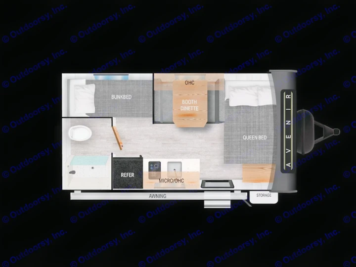 RV rental travel trailer floor plan, detailing queen bed, bunk bed, dinette, kitchen, and bathroom layout.. Cruiser RV A-17BH Avenir 2024