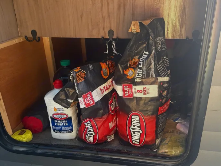 An RV rental's exterior storage compartment stocked with Kingsford charcoal, lighter fluid, and grill supplies.. Forest River Campsite Reserve 2025