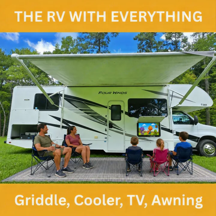 This spacious RV rental offers outdoor amenities: a TV, awning, griddle, and cooler for family fun.. Thor Four Winds 2024