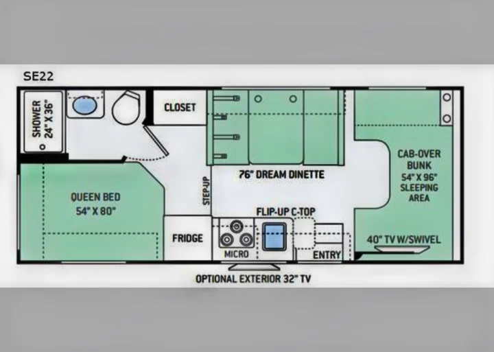 Detailed RV rental SE22 floor plan shows queen bed, shower, toilet, dinette, kitchen, and cab-over bunk sleeping area.. Thor Quantum SE 2025