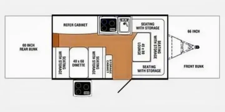 RV rental pop-up camper floor plan featuring front/rear bunks, dinette, lounge, kitchen, and storage. Explore layouts!. Forest River Yearlying 4100 2008