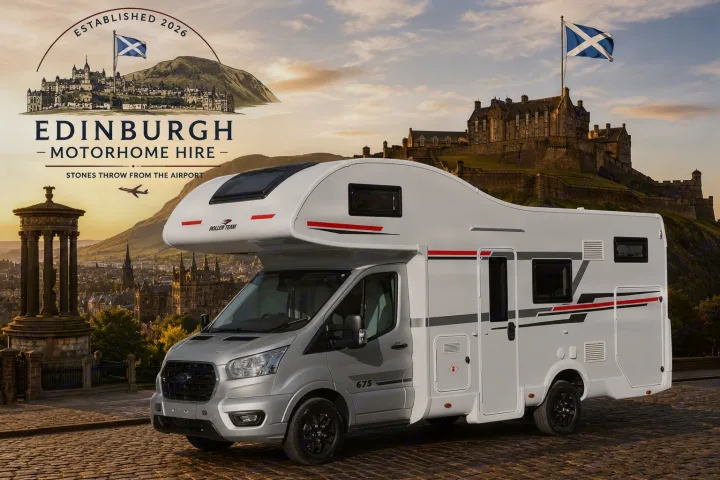 Edinburgh, Scotland RV rental: Modern white motorhome (Roller Team) against Edinburgh Castle with Scottish flag. Logo: 'Established 2026'.. FORD TRANSIT 2026