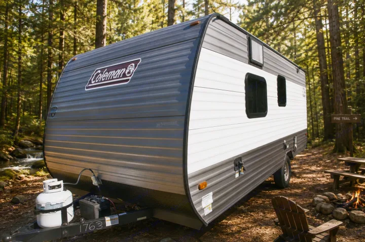 Coleman RV rental at a forest campsite. This gray and white travel trailer has a campfire, picnic table, and 'Pine Trail' sign.. Keystone RV Coleman Lantern 2025