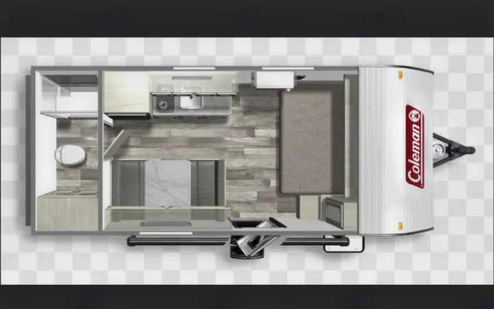 Coleman RV rental floor plan. Top-down view of travel trailer interior: kitchen, dinette, bed, toilet area.. Keystone RV Coleman Lantern 2025