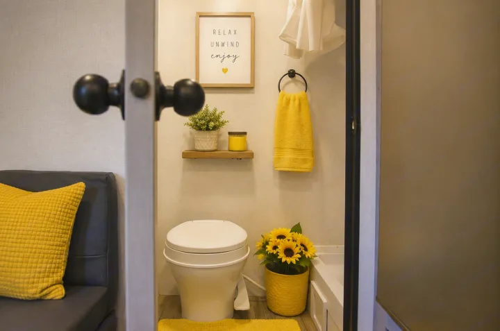 Bright yellow decor in an RV rental bathroom, featuring a toilet, compact shower, and a "Relax Unwind Enjoy" sign.. Keystone RV Coleman Lantern 2025