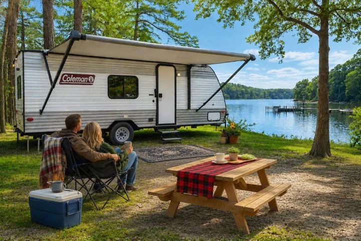 A couple enjoys their RV rental at a serene lakeside campsite with a Coleman travel trailer, picnic table, and beautiful views.. Keystone RV Coleman Lantern 2025