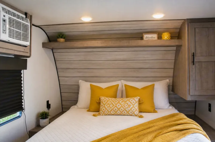 Comfortable RV rental bedroom featuring a bed with yellow bedding, wooden accents, AC, and storage for a cozy travel experience.. Keystone RV Coleman Lantern 2025