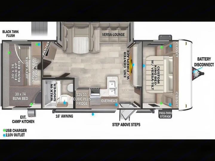 RV rental floor plan: A detailed travel trailer layout with bunk beds, kitchen, versa-lounge, and master bed. Green dots show USB, blue 110V outlets.. Forest River Wildwood X-Lite 2025