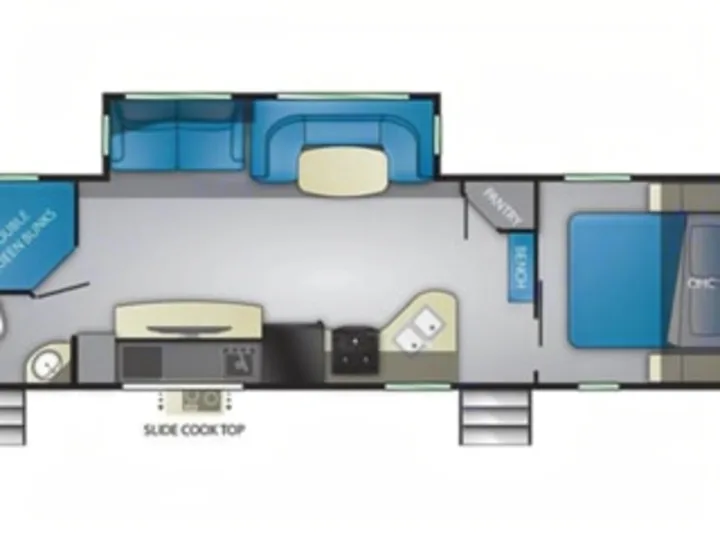 RV rental floor plan overhead view: double queen bunks, kitchen, living area with dinette, and master bedroom.. Grand Design Imagine 2023