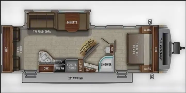 This Jayco RV rental floor plan reveals a travel trailer layout with living area, kitchen, bathroom, and a 60x80 queen bed.. Jayco White Hawk 2021