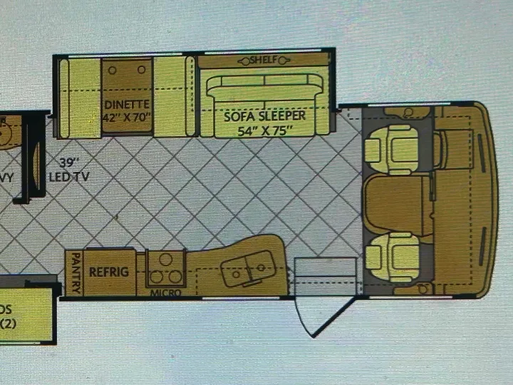 Explore this RV rental floor plan: dinette, sofa sleeper beds, kitchen (refrigerator, microwave), TV, and front seating.. Bounder Classic 2014