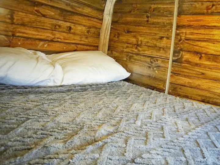 Cozy sleeping area in an RV rental, featuring a bed with white pillows, a grey textured blanket, and rustic wooden walls.. Dodge Sprinter 2006