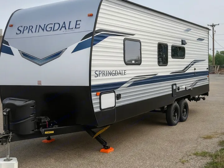 This Springdale travel trailer, perfect for your next rv rental adventure, features modern styling in grey, white, and blue.. Keystone RV Springdale 2022