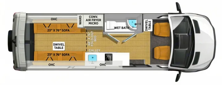 Detailed floor plan for an RV rental, showcasing a versatile interior with convertible bed, galley, wet bath, and swivel seats.. Coachmen Beyond 2023