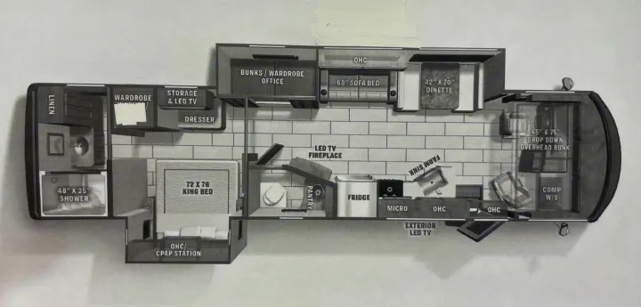 Overhead view of an RV rental floor plan, featuring a king bed, kitchen, bath, dinette, and various sleeping & storage spaces.. Coachmen MIRADA 35ESF 2026