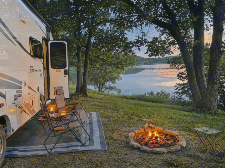 Relaxing lakeside RV rental camping at dusk, featuring a warm campfire, chairs, and glowing candle by the RV.. Jayco Greyhawk 2024
