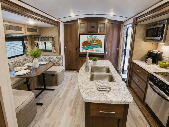 Modern rv rental interior with a bright kitchen island, dual sinks, microwave, and a comfortable dining booth.. Forest River Surveyor 2018