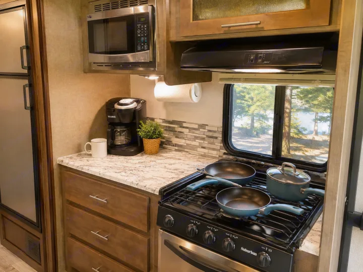 RV rental kitchen showing microwave, coffee maker, and stove with cooking pots. A window overlooks a scenic lake view.. Forest River Surveyor 2018