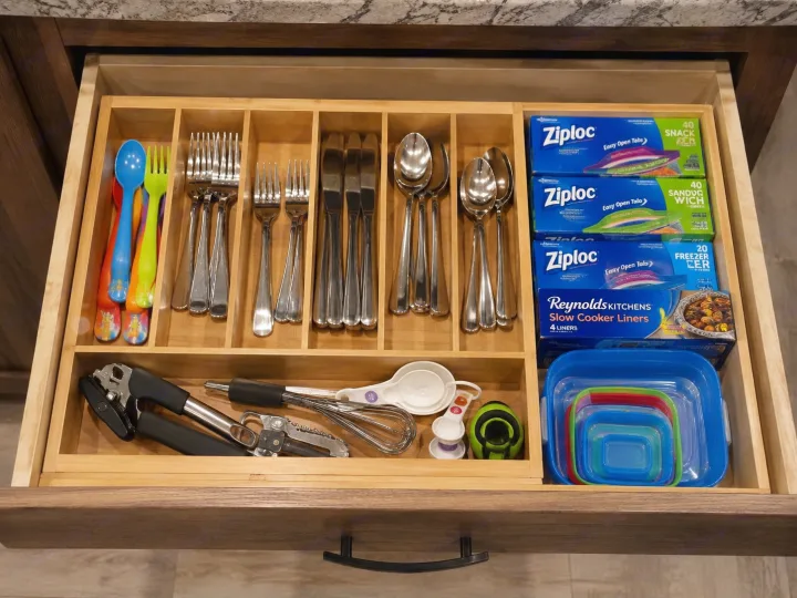 RV rental: Tidy kitchen drawer with cutlery, Ziploc bags, Reynolds liners, and nested food storage containers.. Forest River Surveyor 2018