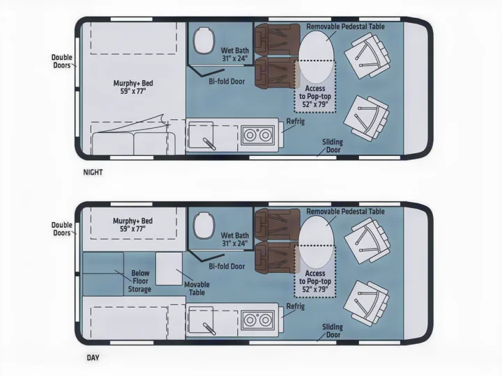 RV rental floor plan illustrates convertible day/night layouts with Murphy bed, wet bath, kitchen, and pop-top access.. Winnebago Solis 2021