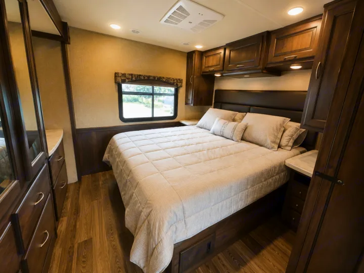 Well-appointed RV rental bedroom with a queen bed, dark wood cabinetry, a window, and wood-look flooring for comfortable travel.. Coachmen Mirada 2019