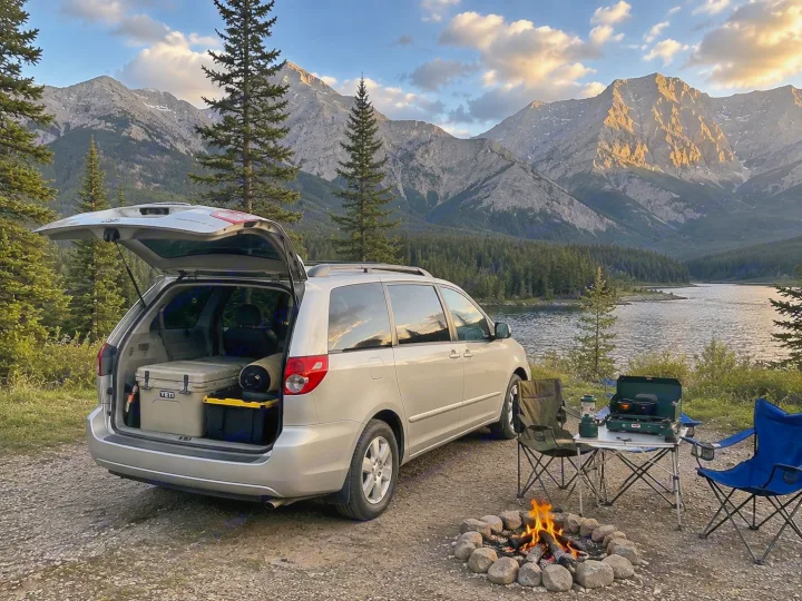 Minivan camping setup by a scenic lake with mountains, featuring a cozy campfire. A flexible alternative to an RV rental.. Toyota Sienna 2008