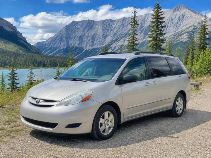 A silver minivan, a practical RV rental alternative, rests on gravel overlooking a clear mountain lake & forested peaks.. Toyota Sienna 2008