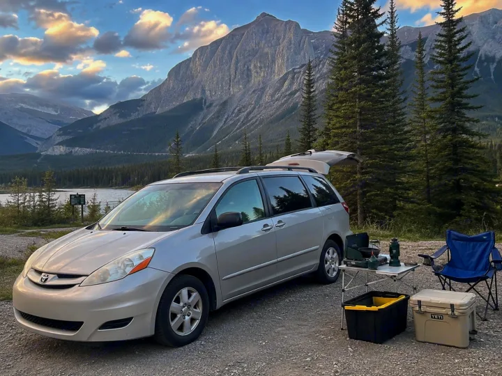 Minivan camping with a scenic mountain & lake backdrop. RV rental alternative, complete with stove, cooler & chair for outdoor adventure.. Toyota Sienna 2008