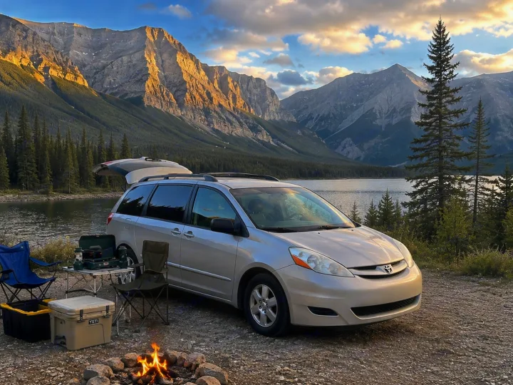 Perfect RV rental camping by a mountain lake: silver minivan, campfire, Yeti cooler, stove, & chairs for a serene escape.. Toyota Sienna 2008