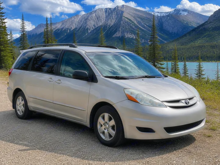 Silver minivan, great for an RV rental trip, rests by a serene mountain lake, towering pines, and snowy peaks.. Toyota Sienna 2008